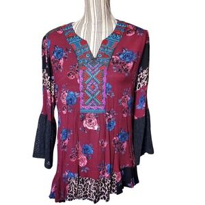 Caleaaa Womens Boho Floral Leopard Embroidered Tunic Bell Sleeve Lace Top Medium